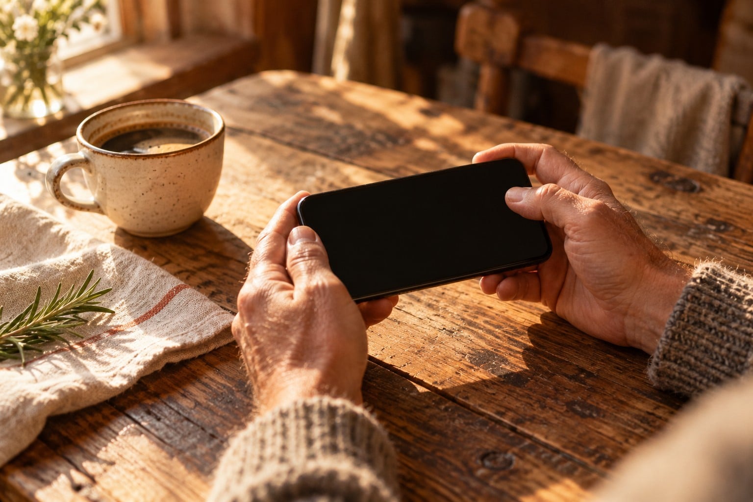 Hände halten ein Smartphone, im Hintergrund ein Holztisch mit Kaffeetasse
